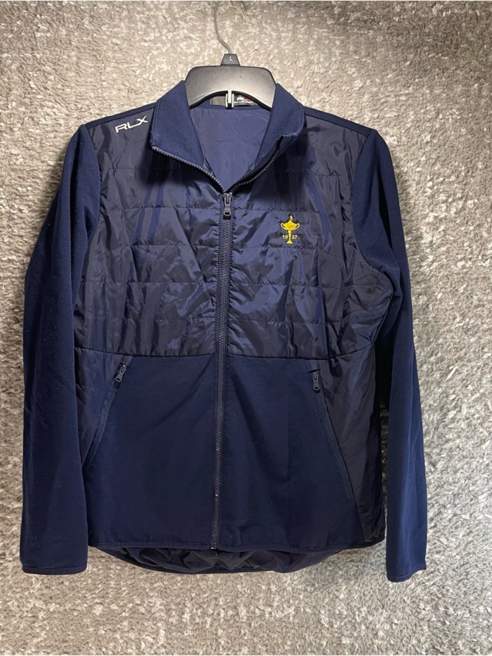 RLX Ralph Lauren Full Zip Jacket Navy Blue‎ Small Pockets "1927 Cup" Logo Preppy